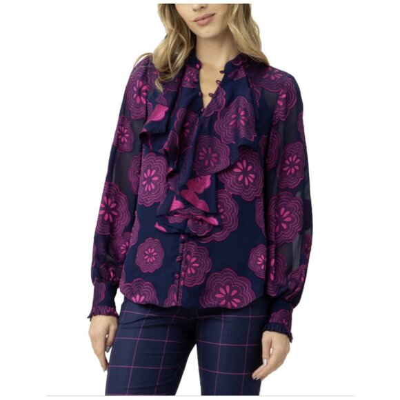 Trina Turk Women's St Marks Silk Blend Button-Up Blouse Size XL Blue/PInk NWT - Picture 3 of 16